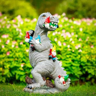 Curata Resin Dinosaur Eating Gnome Garden Statue - Small or Large - Garden Décor