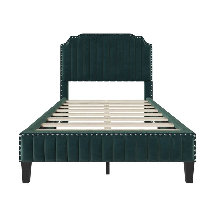 Modern Velvet Curved Upholstered Green Platform Bed, Solid Wood Frame