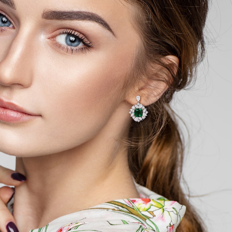 3 1/5ct TGW Created Emerald 4 1/5ct TW Lab-Grown Diamond Earrings in 18k Two-Tone Gold