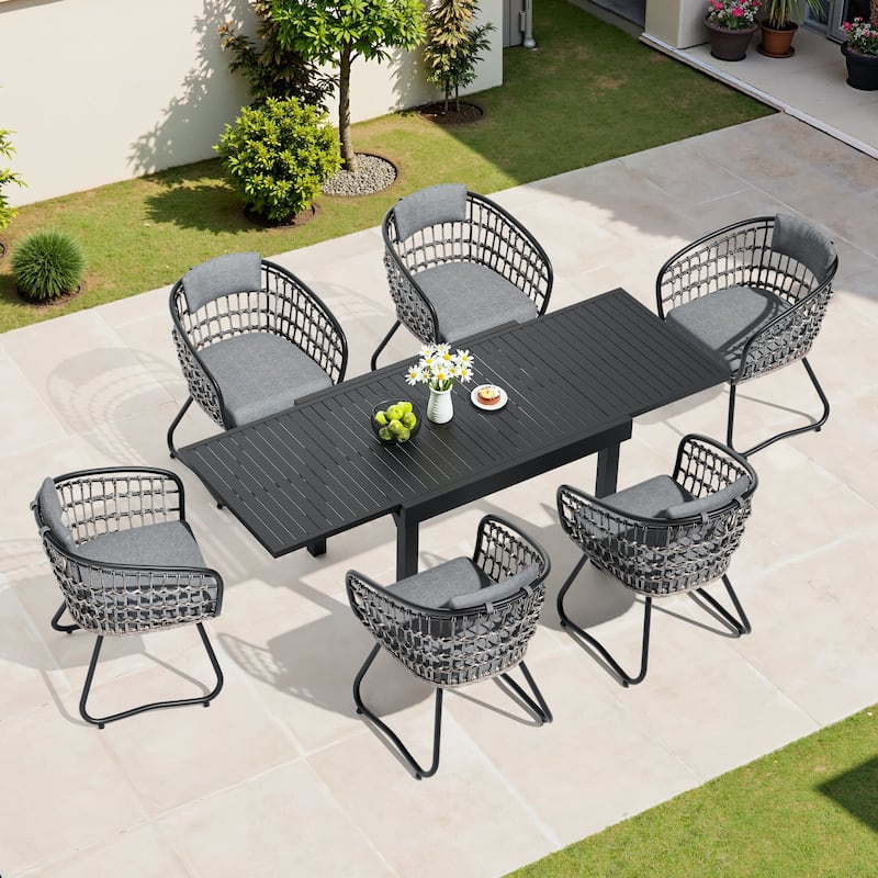 5/7/11-Piece Set Outdoor Aluminum Extendable Patio Dining Table Set with Rattan Chairs - Grey - 82.68 in Table - 7pcs Set