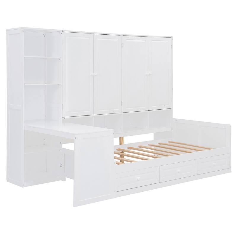 Modern Twin Daybed with All-in-One Cabinet, Desk Wooden Daybed Sofa Bed Frame with 3 Drawers, Multi-Functional Headboard
