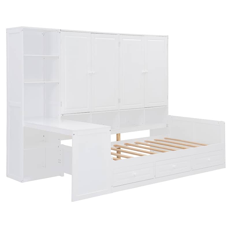 Twin Size Wooden Daybed with Three Drawers, All-in-One Cabinet, Desk, and Shelves,White