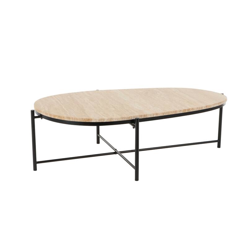 Marble Oval Coffee Table with Black Metal Support - Beige - Roche River Decor - 25"W x 45"L x 13"H