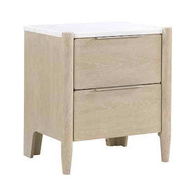 Maty Nightstand, 2 Drawers, White Marble Top, Light Oak Brown Ceruse