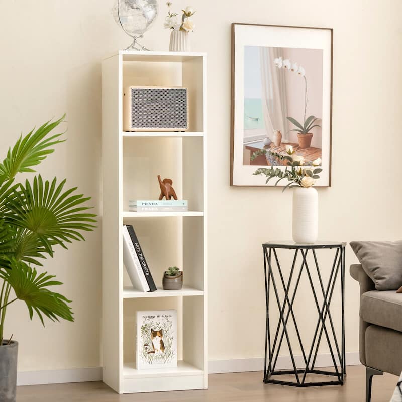 White Engineered Wood Space-Saving Narrow 5-Tier White Bookcase with 4 Cubes Storage Shelf - 15" x 13" x 56" (L x W x H)