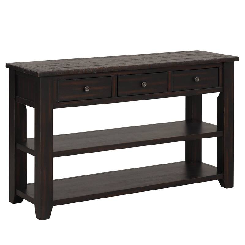 48'' Solid Pine Wood Top Console Table, Modern Entryway Sofa Side Table with 3 Storage Drawers and 2 Shelves. Easy to Assemble