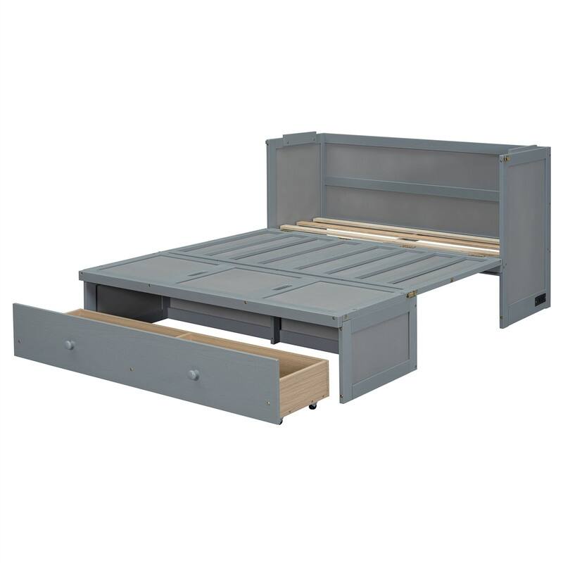 Full/Queen Size Murphy Bed Wall Bed with a Large Storage Drawer and USB Port, Solid Wood Murphy Cabinet Bed, Space Saving Design