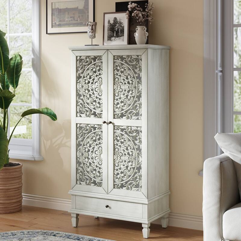 Rustic 55" Tall Storage Cabinet with Drawer, Decorative Carved Wood Accent for Living Room or Dining Area