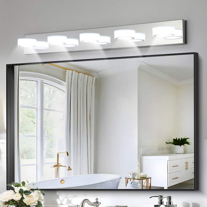 37" Modern 5-Light LED Vanity Light Fixture - with Acrylic Light Shades - Energy-Efficient Bathroom Wall Sconce - Chrome