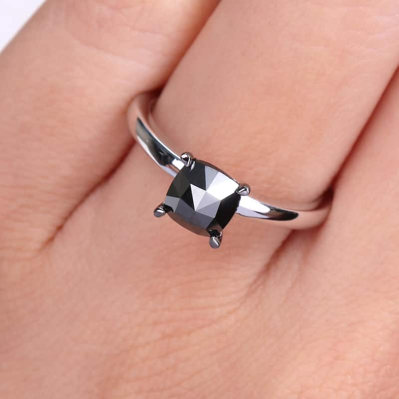 Miadora 10k White Gold 1ct TDW Cushion-cut Black Diamond Solitaire Engagement Ring