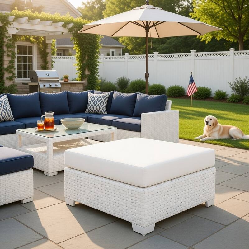 White Wicker Square Ottoman with Padded Seat Cushion