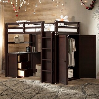 Twin size Solid Wooden Loft Bed Frame with Drawers,Drawers,Desk,and Wardrobe-Espresso
