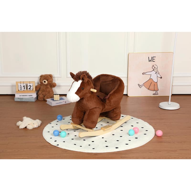 Kids Ride-On Rocking Horse Toy with Lullaby Song, Rocking Toy with Hand Puppets & Safety Belt - Horse