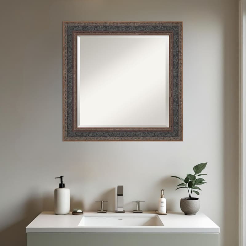 Attic Aged Beveled Wood Framed Bathroom Vanity Wall Mirror