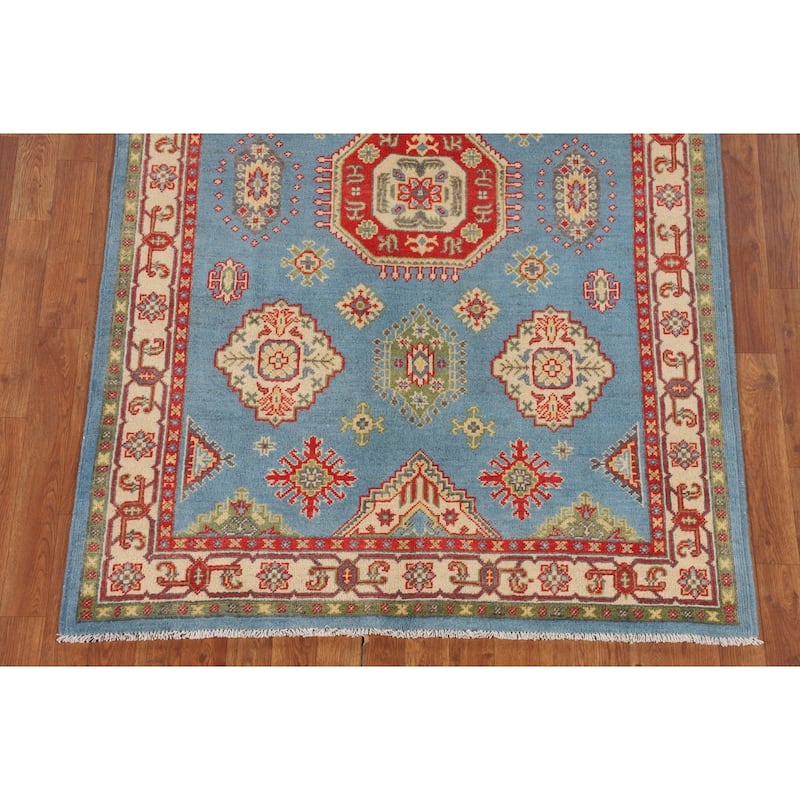 Light Blue Geometric Kazak Area Rug Hand-Knotted Oriental Wool Carpet - 4'3" x 6'4"