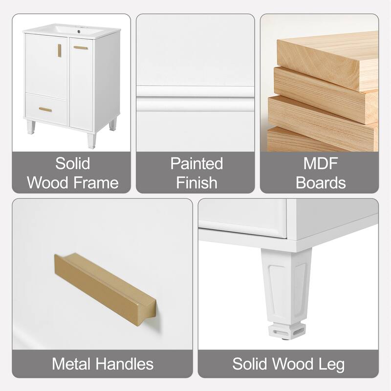 24" Bathroom Vanity with Sink, Door Shelf, Deep Drawer, 2-Tier Pull-Out Basket