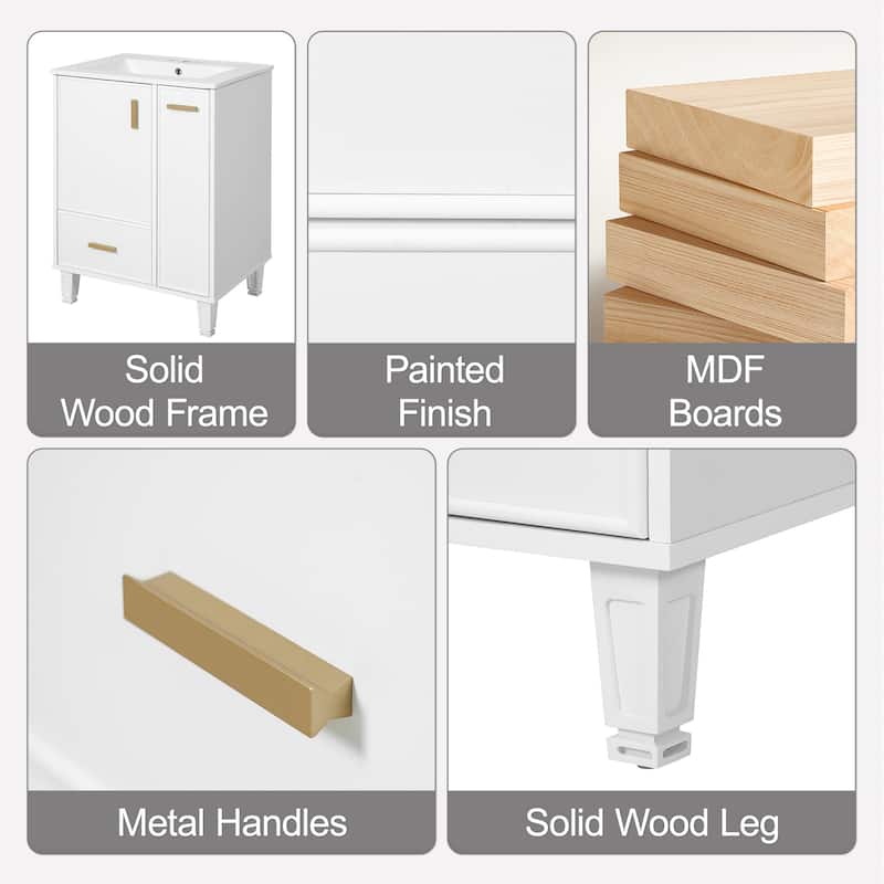 24"Bathroom Vanity with Sink, Bathroom Cabinet with Door Shelf, Deep Drawer, 2-Tier Pull-Out Basket, Solid Wood and MDF Board