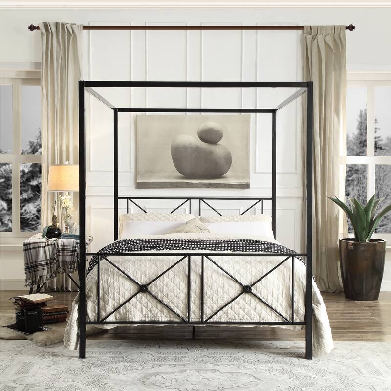Twin/Queen Size Metal Canopy Platform Bed Frame with Double X-Framing, Black Finish, and Medallion Accents. - Black - Queen