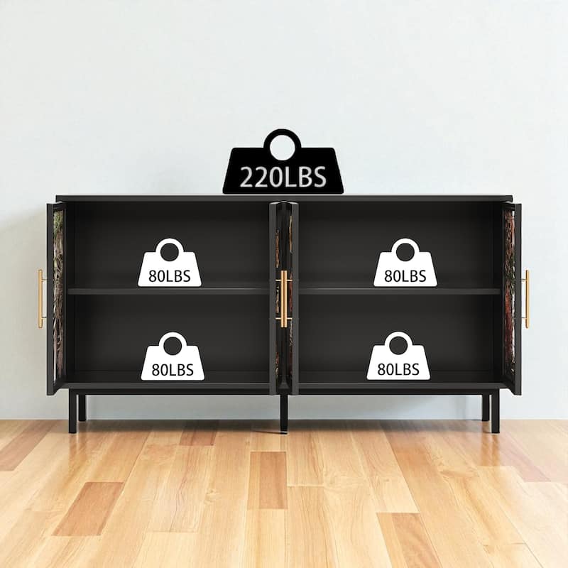 60" Art Glass 4-Door Sideboard Cabinet with Metal Frame, Retro Buffet Storage Console for Dining or Entryway.