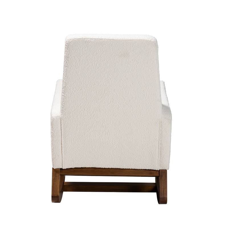 Yashiya Mid-Century Modern Off-White Boucle Upholstered and Walnut Brown Finished Wood 2-Piece Rocking Chair and Ottoman Set