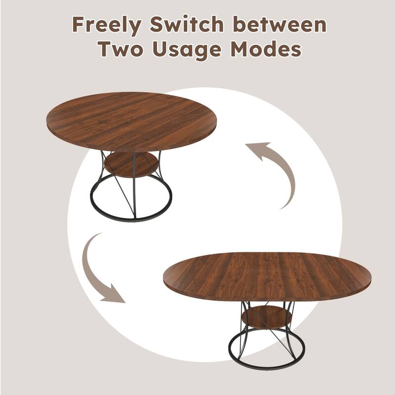 43.31" Round Extendable Wooden Dining Table with Storage Shelf and Metal Base