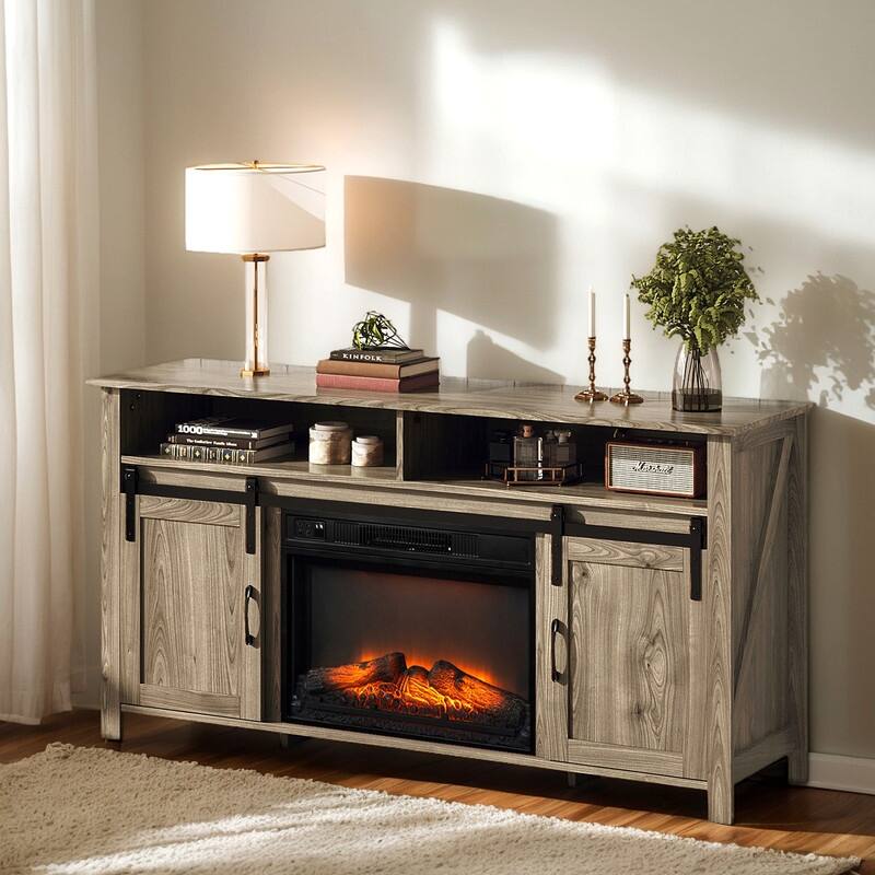Farmhouse 59.5'' TV Stand For Tvs Up To 70'' With Electric Fireplace and Adjustable Shelves - Grey
