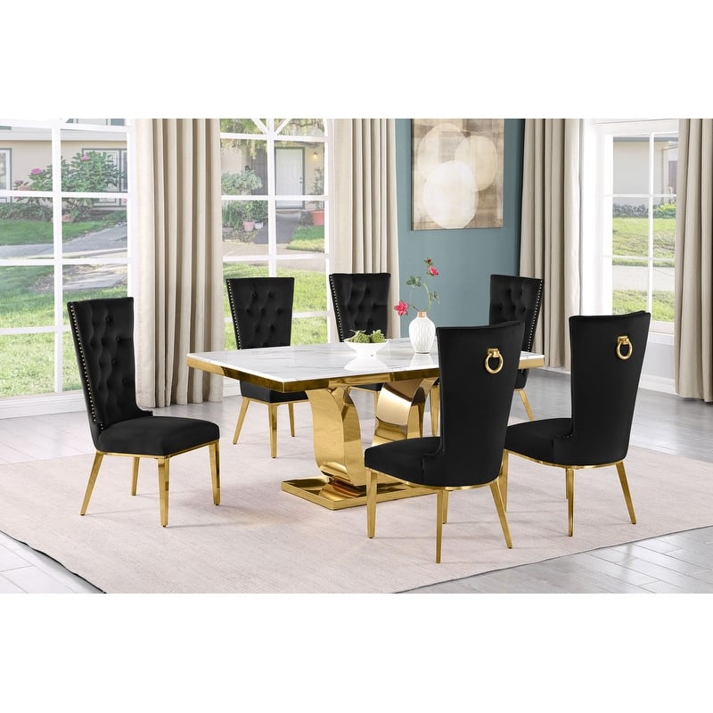 Best Quality Furniture D320-SC334-7 Dining Set with 66" White Marble Top - 7-Piece - Black / Gold