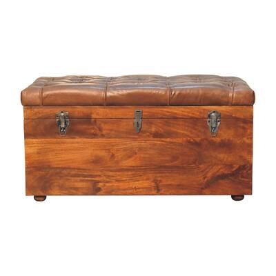 Artisan Furniture Solid Wood Buffalo Hide Chestnut Storage Trunk, Leather, Brown with storage - N/A
