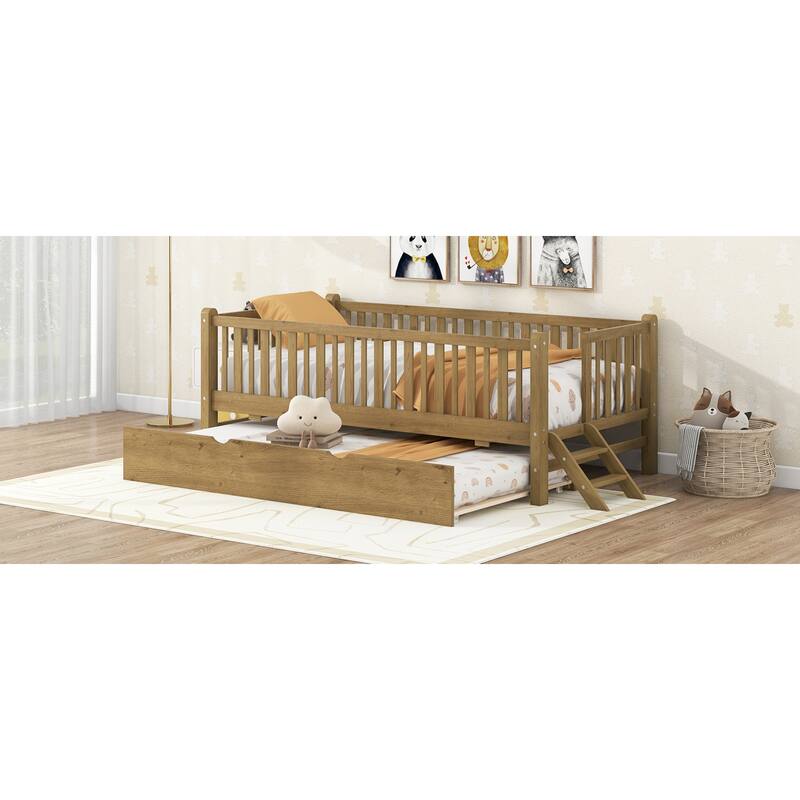 Roomfitters Twin Wood Platform Bed with Semi-Enclosed Guardrail and Trundle