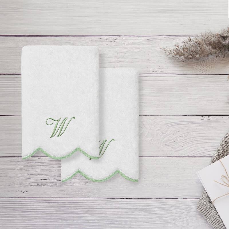 Authentic Hotel and Spa 100% Turkish Cotton Green ADORNIA Scallop Personalized 2 Piece Fingertip Towel Set - 2 Fingertip Towels