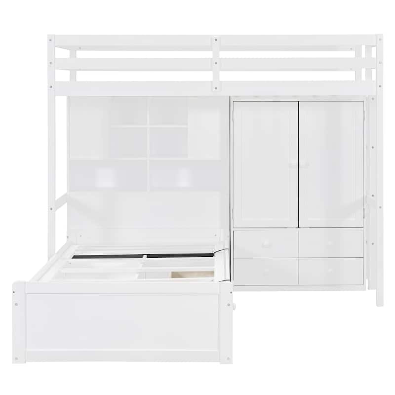 L-shaped Bunk Bed Twin Over Twin with Side Wardrobe and Under Drawers, Down Hydraulic Bed with Storage Shelves for Bedroom