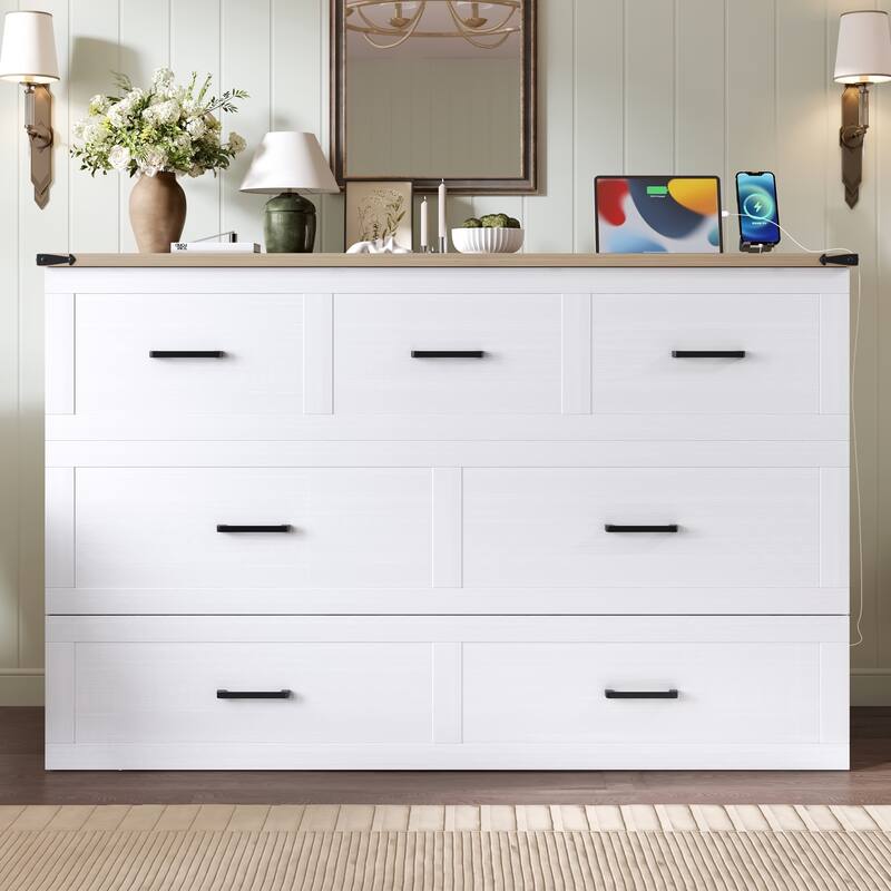 Full / Queen Murphy Bed Cabinet with Built in Charging Station Storage Drawer