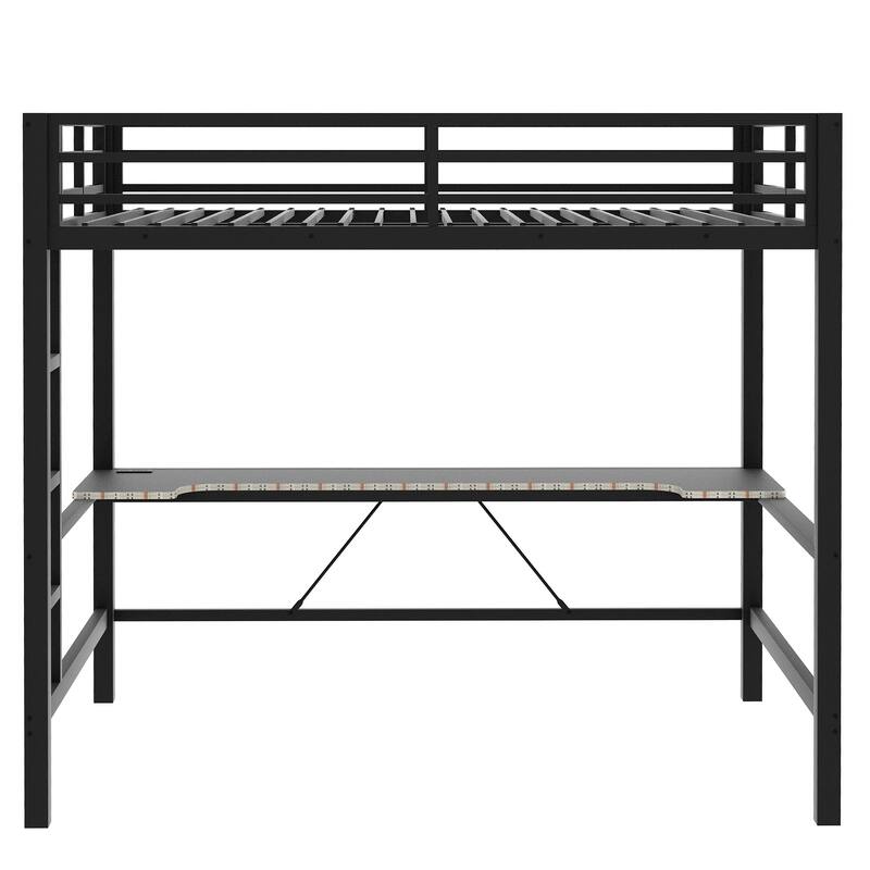 Gaming Loft Bed with RGB LED Light & USB Charge Station, Metal Loft Bed Frame w/Built-in Desk & Full-Length Guardrails