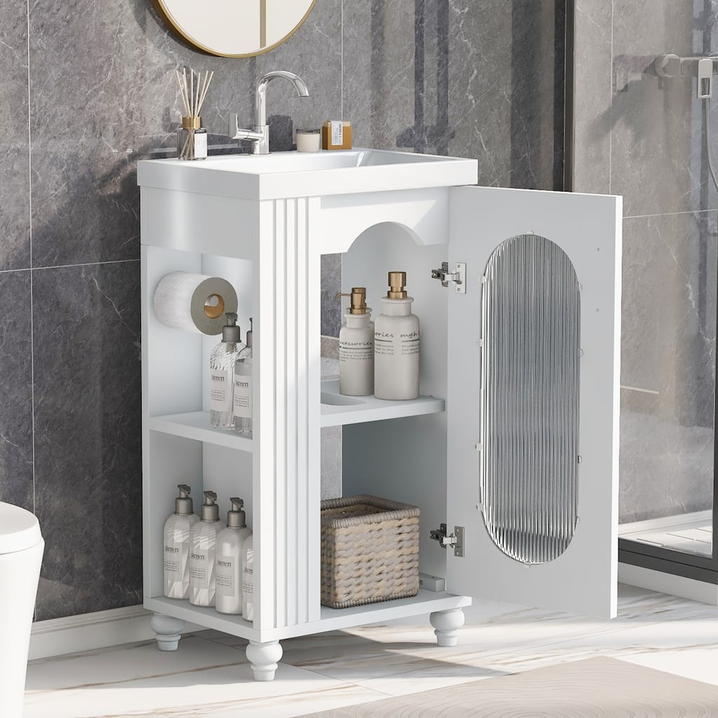 20" Small Bathroom Vanity with Ceramic Sink, Glass Door Bathroom Storage Cabinet with Toilet Paper Holder & Shelf, White