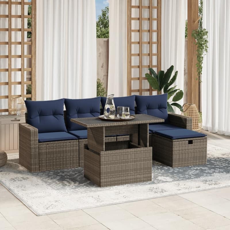 vidaXL Patio Sofa Set with Cushions and Table Outdoor Garden 6 Piece Poly Rattan - Gray - 21.7" x 24.4" x 27.2"