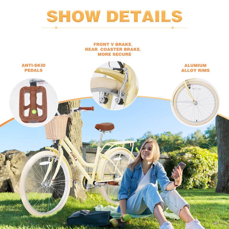 24 inch Outdoor Comfort Single Speed Bike, Steel Frame Road Cycling Bicycle w/Adjustable Genuine Leather Saddle for Kids & Teens