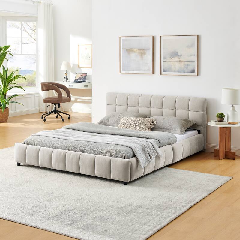 Block Thick Chenille Low Profile Platform Bed Fabric Upholstered Bedframe with Headboard Solid Wood Frame - Optional Storage Bed