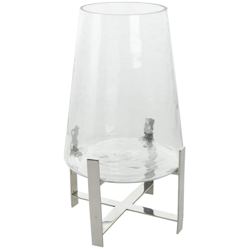 Stainless Steel Metal Hurricane Lamp with Stainless Steel X Shaped Base - Clear - Roche River Decor