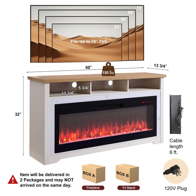 60" Fireplace TV Stand for TVs up to 70", TV Stand with 50" Smart Electric Fireplace, Cream White