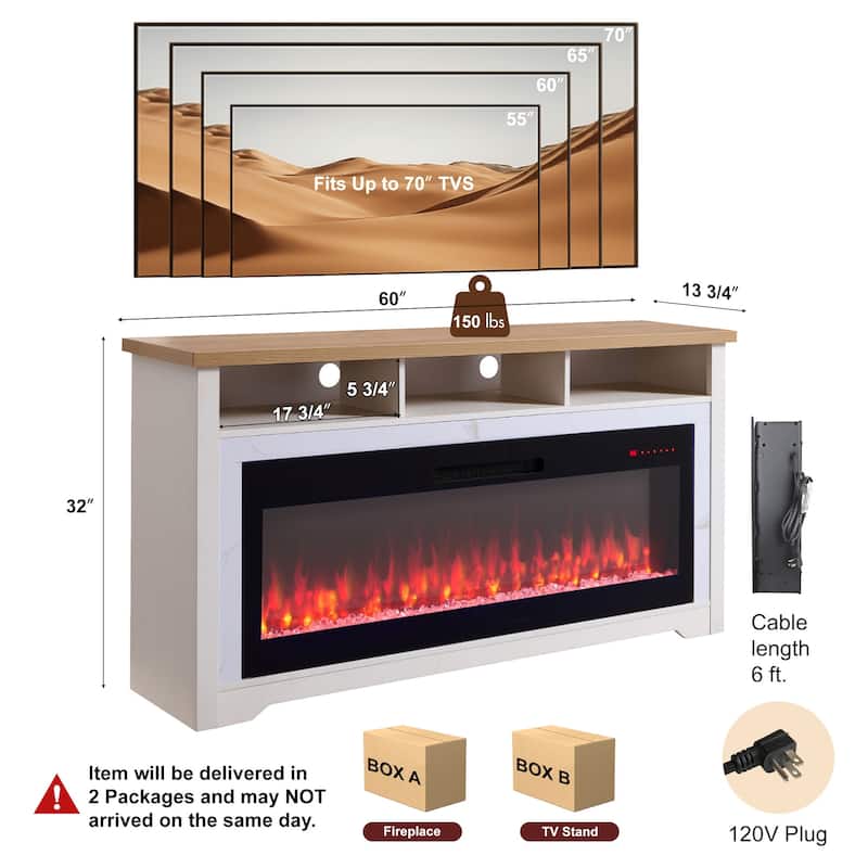 60 inch Fireplace TV Stand for TVs up to 70", with 50" Electric Fireplace
