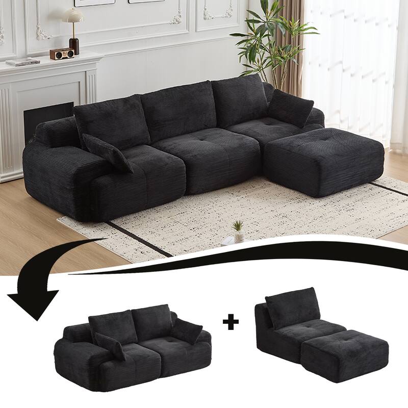 L Shaped Modular Sectional Sofa with Ottoman, Corduroy Upholstered Cloud Sofa, Compressed Sofa with Cushions & Throw Pillows - Black