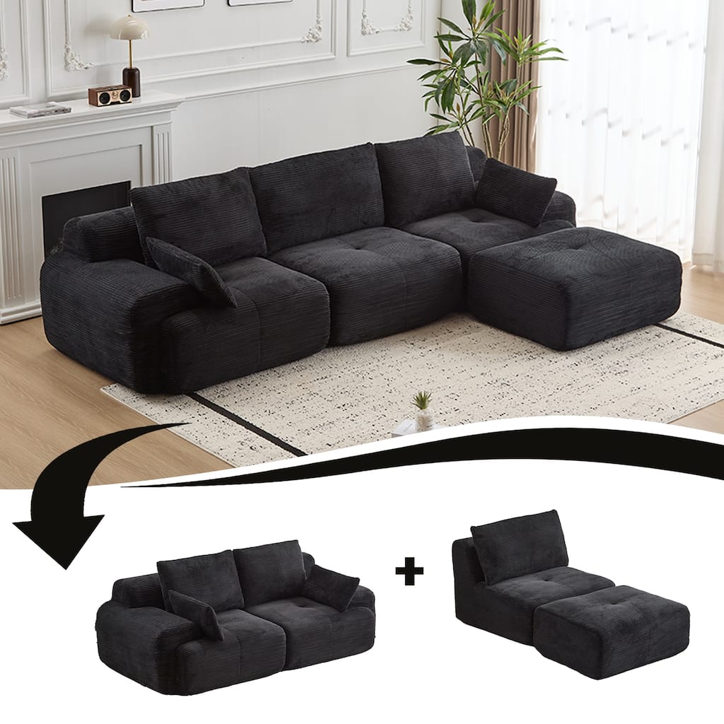 L Shaped Modular Sectional Sofa with Ottoman, Corduroy Upholstered Cloud Sofa, Compressed Sofa with Cushions & Throw Pillows