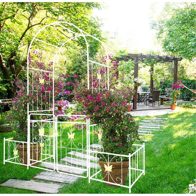 86.6'' H x 79.5'' W Patio Metal Garden Arch Trellis w/Gate，Climbing Plant Support，Anti-Rust Coating - 86.6'' H x 79.5'' W
