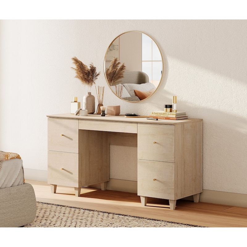 58" Wooden Vanity Desk with 4 Deep Storage Drawers and Charging Station for Bedroom