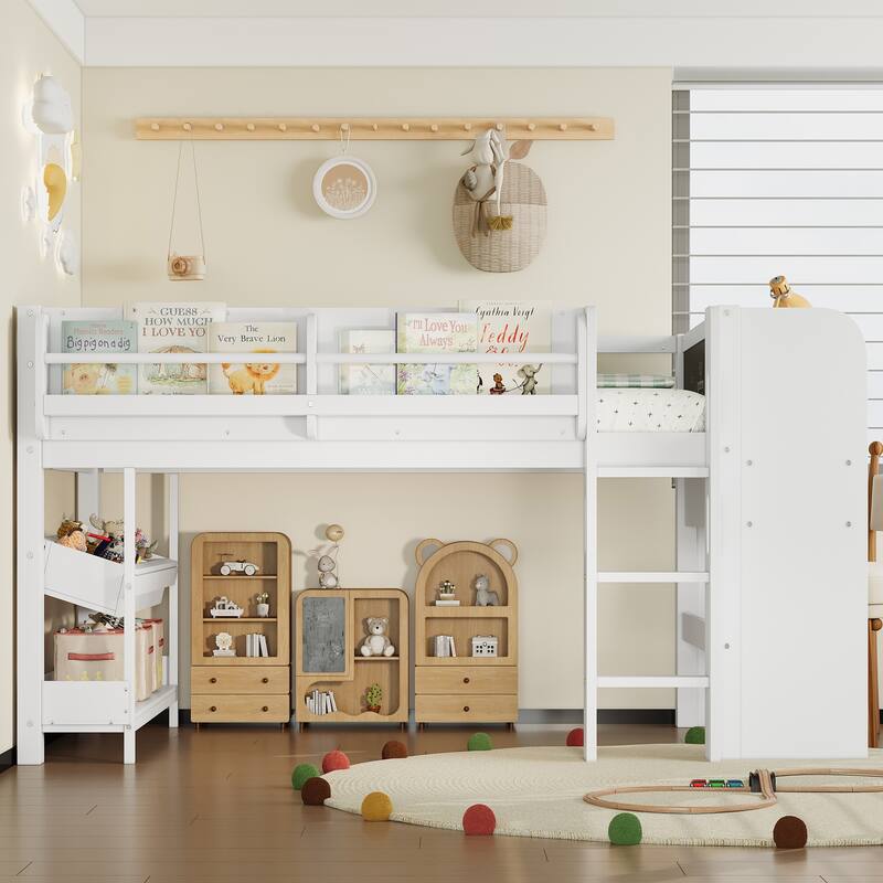 Full/Twin Size Loft Bed with Built-in Desk, Multi-Storage Bookcases & Blackboard, Solid Wood Low Loft Bed Frame - White - Twin