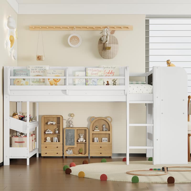 Twin Loft Bed with Multi-storage Bookcases, Boxes and Drawers, Solid Wood Low Loft Beds with Desk and Blackboard
