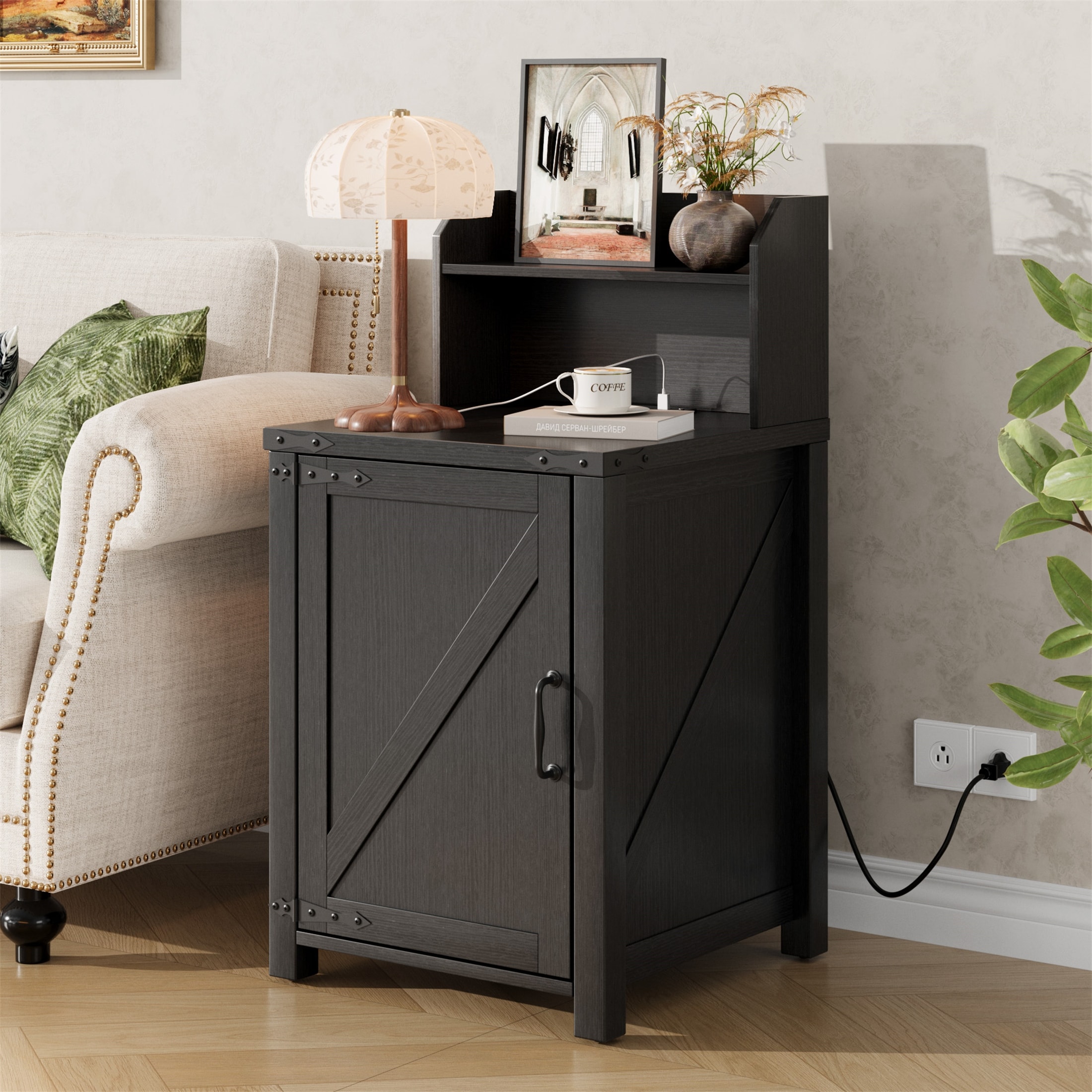 18 Inch Farmhouse Nightstand with Charging Station and Adjustable Storage Shelf