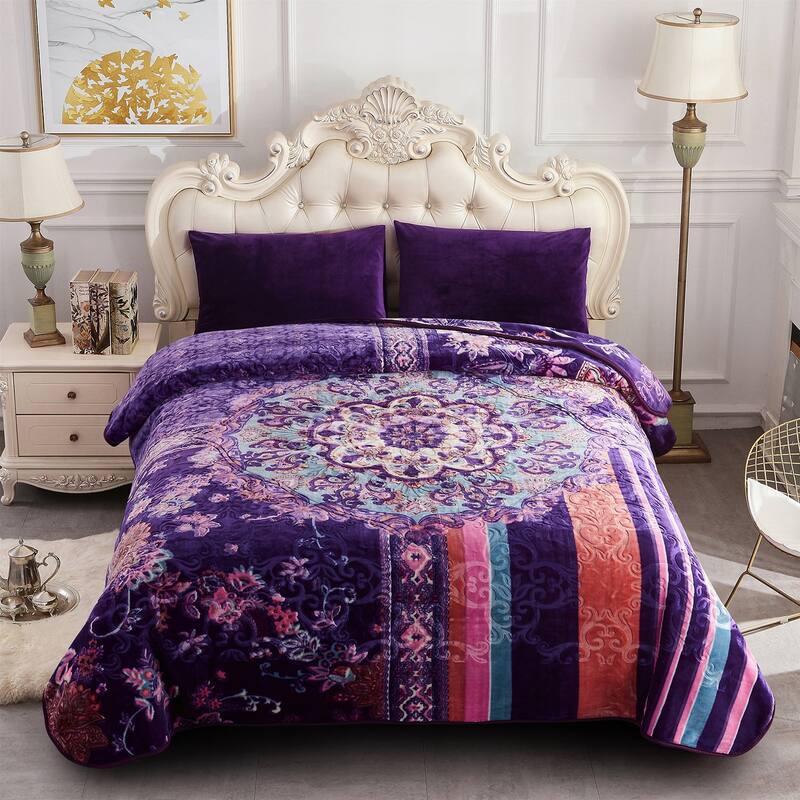 Heavy Crafted Thick Floral 9-pound Winter Fleece Blanket 85"x95" - Purple