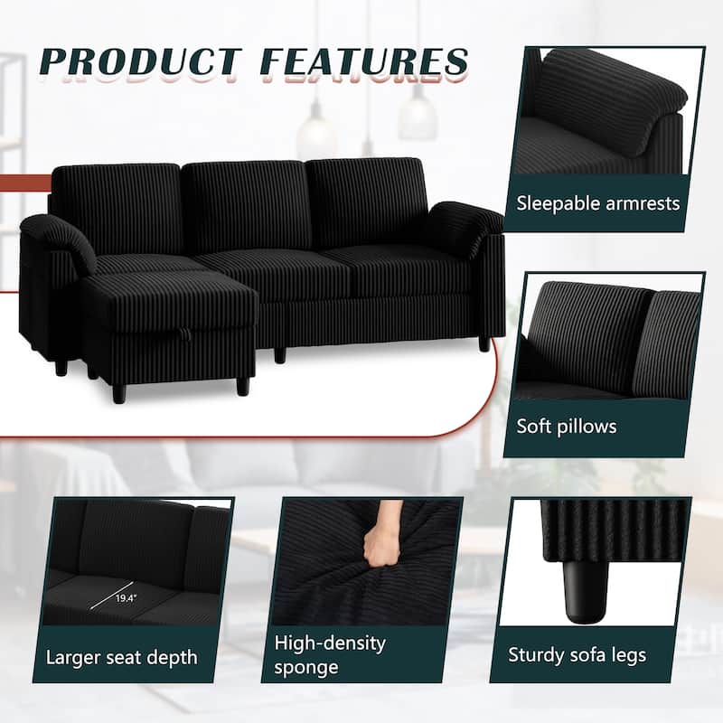 Futzca 79'' Corduroy Sectional Sofa Couch with Removable Pillow