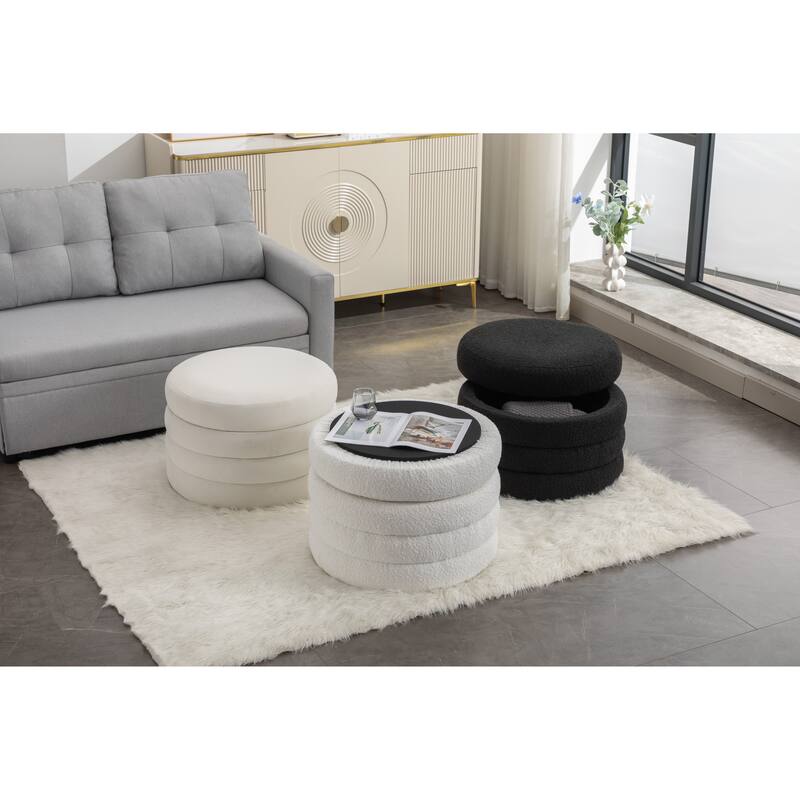 Round Storage Ottoman Footstool, Boucle Fabric Upholstered Vanity Stool, Small Ottomans Table with Removable Lid